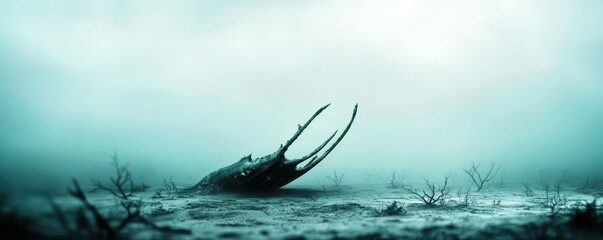 Fototapeta premium A haunting underwater scene featuring a mysterious creature partially submerged in foggy waters, evoking feelings of intrigue and isolation.