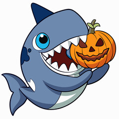 ute design of a shark sticking his head out of the sea with sharp teeth wearing a Halloween hat and crushing a torn Halloween pumpkin
