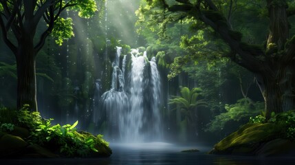 Enchanting Waterfall in Lush Green Forest with Sunlight Streaming Through Trees