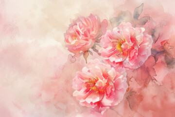 Soft pink watercolor peonies with delicate petals and leaves creating a romantic and dreamy floral background.