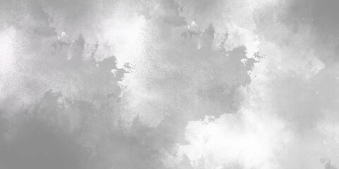 Abstract white and gray isolated cloud cumulus clouds. Gray aquarelle painted realistic fog or mist smoky textured canvas design. White and ash messy wall stucco texture background.