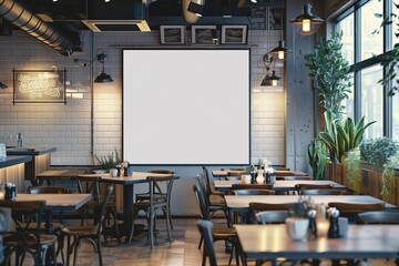 Empty white canvas hanging on brick wall in a stylish modern cafe or restaurant with wooden tables and chairs.