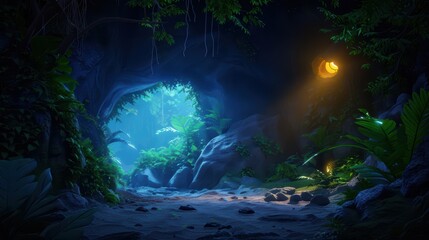 Enchanting Jungle Cave Illuminated by Warm Light with Lush Greenery and Mysterious Atmosphere