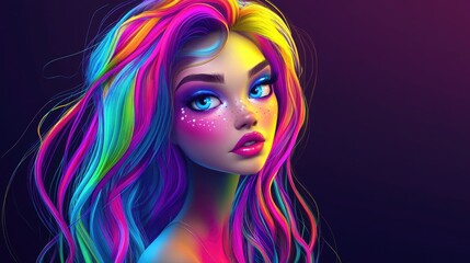 Obraz premium Colorful animated girl with vibrant makeup and shiny hair and skin Charming cartoon face Scene created in a virtual studio with a dark backdrop