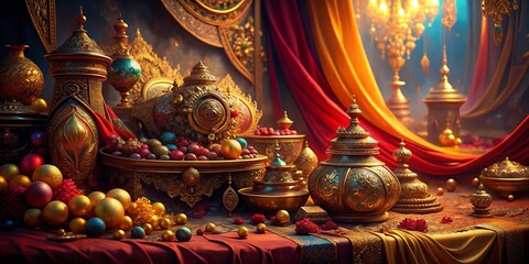 Fototapeta premium Cinematic Propulence with Vibrant Hues: Golden artifacts, shimmering fabrics, deep reds, and ornate textures