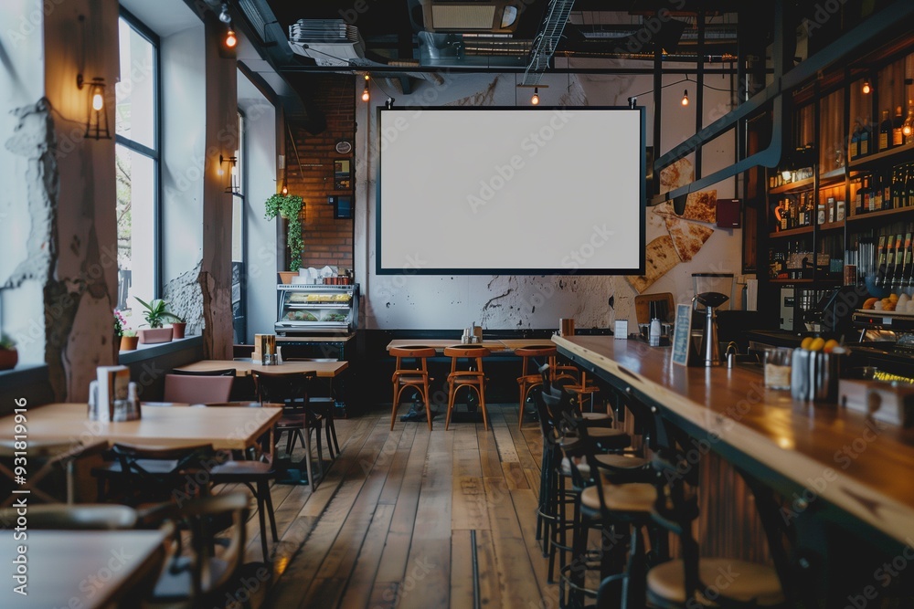 Wall mural empty modern bar interior with wooden floor, large blank screen, bar counter and tables with chairs.