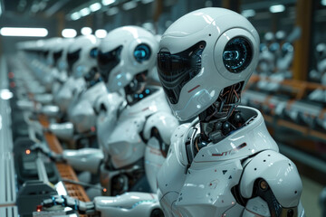 Fototapeta premium Humanoid robots working on a manufacturing line