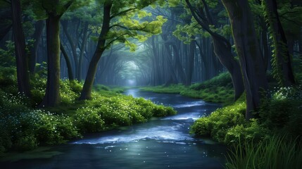 Obraz premium Serene Forest Stream with Sunlight Filtering Through Lush Green Trees and Foliage