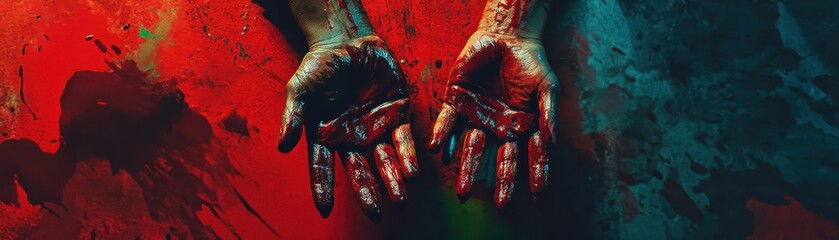 Dramatic close-up of bloody hands against a vivid background, evoking intense emotion and mystery. Perfect for thriller, horror, and dramatic visuals.