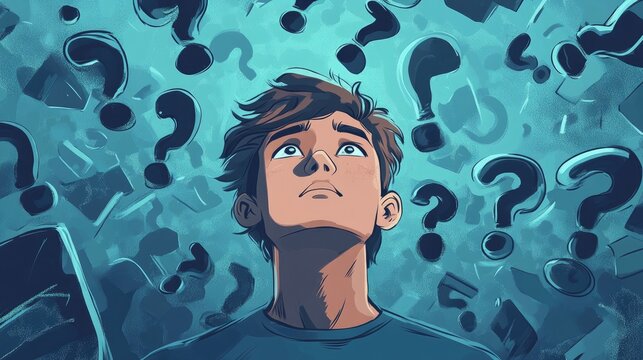 Cool cartoon guy with closed eyes searching for answers in a sea of questions