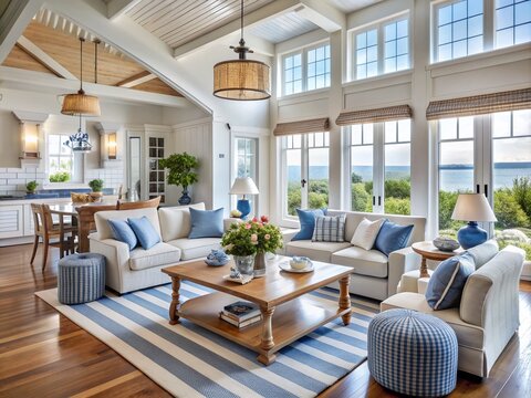 Coastal Cottage Dream: Breezy, airy, nautical touches, blue and white palette, open floor plan