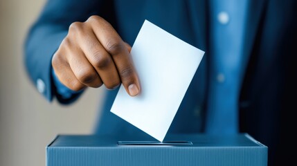 Close-up of a person casting a vote by placing a ballot into a box, symbolizing democracy, election, and civic responsibility.