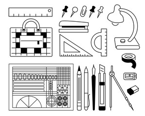 linear icon set of stationery for school and education. icons for logo sticker website poster