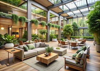 Fototapeta premium Community Oasis: Communal spaces, greenery, open layout, muted colors, natural textures