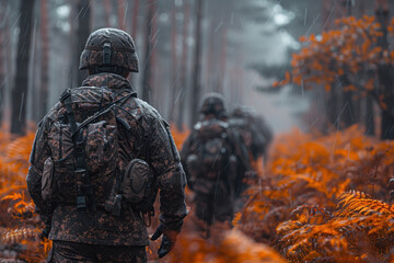 Soldiers maneuvering through a foggy forest