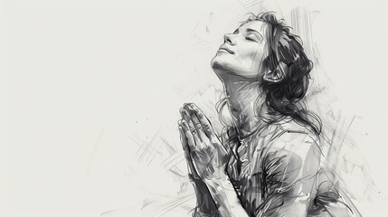 Sketch a woman kneeling in prayer with her hands clasped and eyes closed, radiating a sense of peace and devotion.