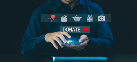 Online donation concept. Donate money for them in need, Online Donation on Mobile phone, Volunteer...