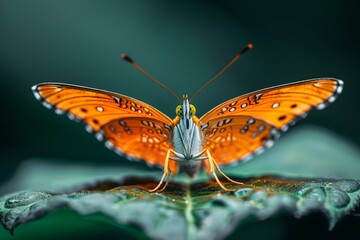 Obraz premium Stunning Close-Up of a Vibrant Orange Butterfly Resting on a Leaf