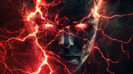 Intense fiery face with glowing red eyes and cosmic energy veins in a dark background, representing power and otherworldly force.