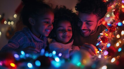 A diverse family creating a colorful and inclusive holiday display.