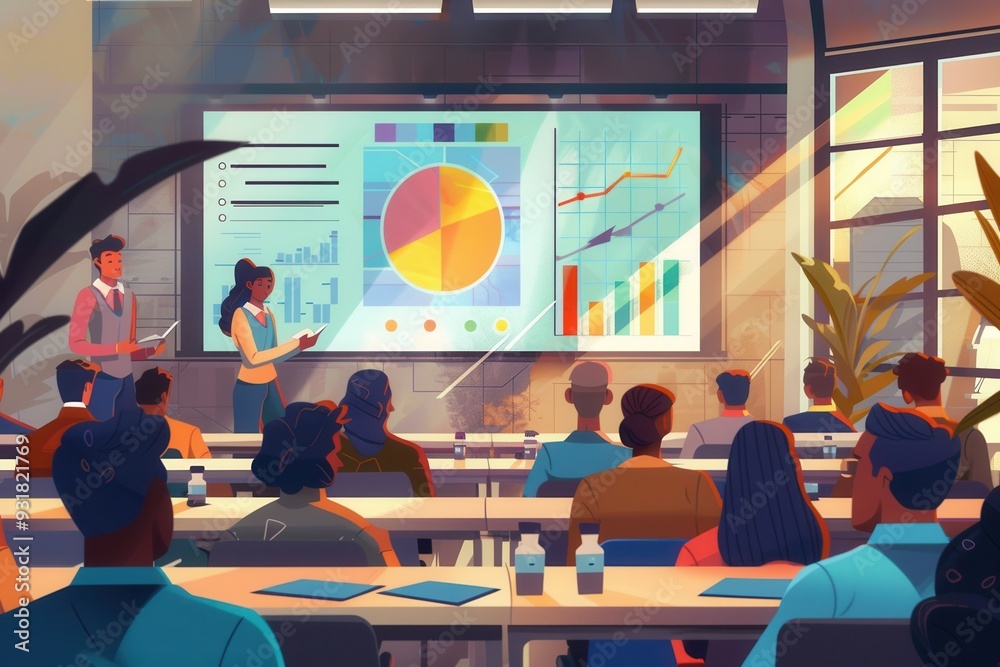 Poster a financial expert leads a seminar, presenting strategies and insights to an attentive audience in a