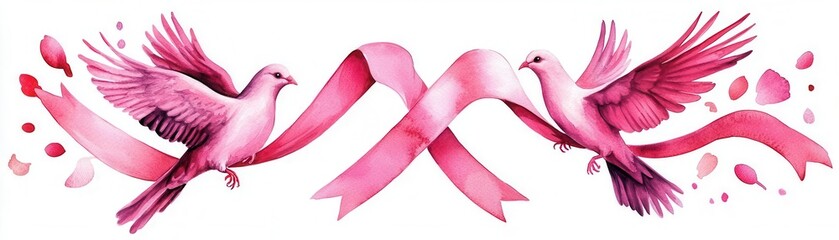 Obraz premium Pink ribbon with doves, symbol of peace and hope, gentle movement, Watercolor style