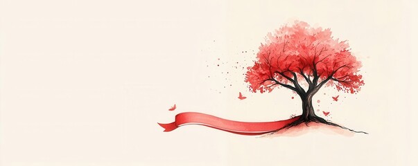 Ribbon around a tree, symbolizing growth and survival, nature-inspired, Watercolor style