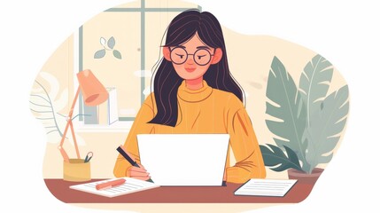 Woman Working on Laptop at Home Office.