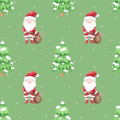 Seamless pattern Christmas Santa Claus.Watercolor festive seamless pattern for Christmas and New Year.Holiday illustration.Holiday packaging.Christm as tree decor.Print for gifts.