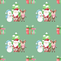 Seamless pattern Christmas characters . Watercolor festive seamless pattern for Christmas and New Year.Holiday illustration.Holiday packaging.Christm as tree decor.Print for gifts.