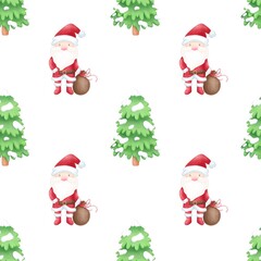 Seamless pattern Christmas Santa Claus.Watercolor festive seamless pattern for Christmas and New Year.Holiday illustration.Holiday packaging.Christm as tree decor.Print for gifts.