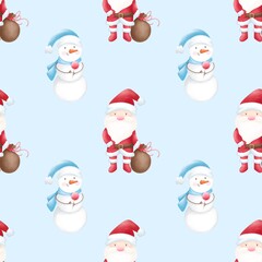 Seamless pattern Christmas Santa Claus and snowman . Watercolor festive seamless pattern for Christmas and New Year.Holiday illustration.Holiday packaging.Christm as tree decor.Print for gifts.