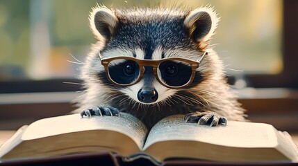 Clever Raccoon Peering Over a Book in a Playful Setting