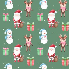 Seamless pattern Christmas characters . Watercolor festive seamless pattern for Christmas and New Year.Holiday illustration.Holiday packaging.Christm as tree decor.Print for gifts.