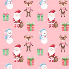 Seamless pattern Christmas characters . Watercolor festive seamless pattern for Christmas and New Year.Holiday illustration.Holiday packaging.Christm as tree decor.Print for gifts.