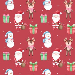 Seamless pattern Christmas characters . Watercolor festive seamless pattern for Christmas and New Year.Holiday illustration.Holiday packaging.Christm as tree decor.Print for gifts.