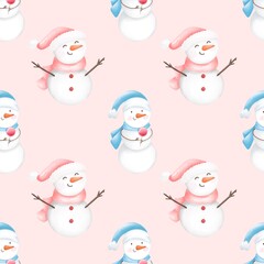 Seamless pattern Christmas snowmen . Watercolor festive seamless pattern for Christmas and New Year.Holiday illustration.Holiday packaging.Christm as tree decor.Print for gifts.