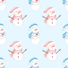Seamless pattern Christmas snowmen . Watercolor festive seamless pattern for Christmas and New Year.Holiday illustration.Holiday packaging.Christm as tree decor.Print for gifts.