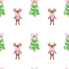 Seamless pattern Christmas  deer cute . Watercolor festive seamless pattern for Christmas and New Year.Holiday illustration.Holiday packaging.Christm as tree decor.Print for gifts.
