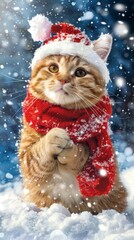 Festive cat wearing a Santa hat and scarf, sitting in the snow. Perfect for holiday greeting cards and winter-themed decor.