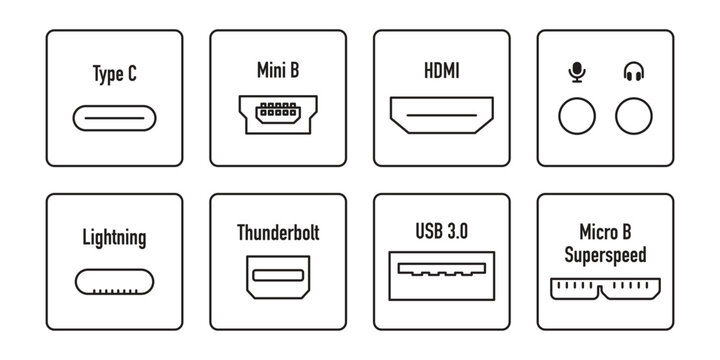 A set of icons with connectors Type C, Mini B, HDMI, audio microphone, headphones, Lightning, Thunderbolt, USB 3.0, Micro B Superspeed.