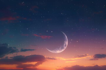 Serene Twilight Sky with a Crescent Moon and Stars