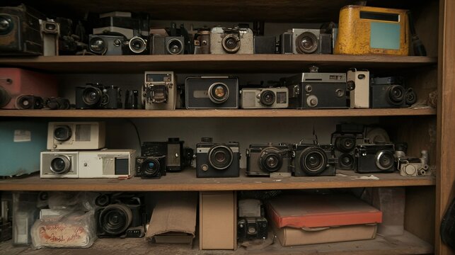 Vintage camera collection showcasing diverse models and parts for photography enthusiasts and retro technology aficionados - Powered by Adobe