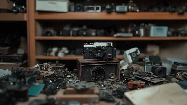 Vintage camera collection showcasing diverse models and parts for photography enthusiasts and retro technology aficionados - Powered by Adobe