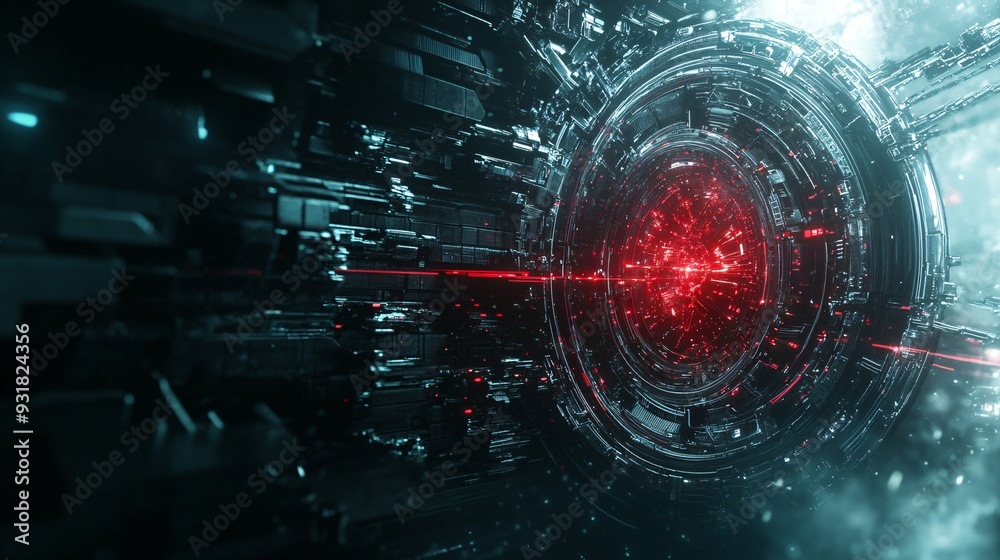 Poster futuristic red energy core surrounded by digital circuits. 3d rendering style. artificial intelligen