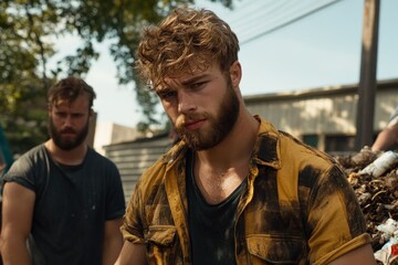 Fototapeta premium Sustainable Festival Friends Collaborate on Waste Management and Environmental Responsibility, A Picture of Positive Impact at Outdoor Events