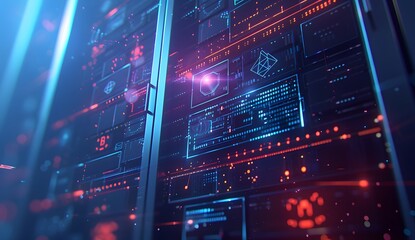 Fototapeta premium A close up of an open data center server rack with glowing holographic logos and symbols representing blockchain technology, symbolizing the evolution from traditional security to advanced cyber 