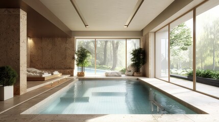 A serene indoor pool area featuring natural light, plants, and a relaxing ambiance