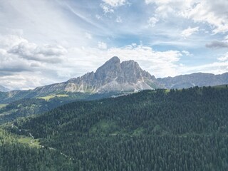Sass de Putia Aerial view of the Dolomites mountain landscape in Trentino, South Tyrol in Northern Italy.