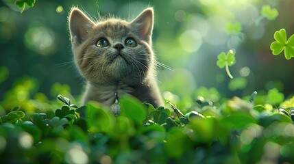 Cute British Shorthair cat, adorned in St. Patrick's Day attire, frolics amidst a backdrop of festive celebration.